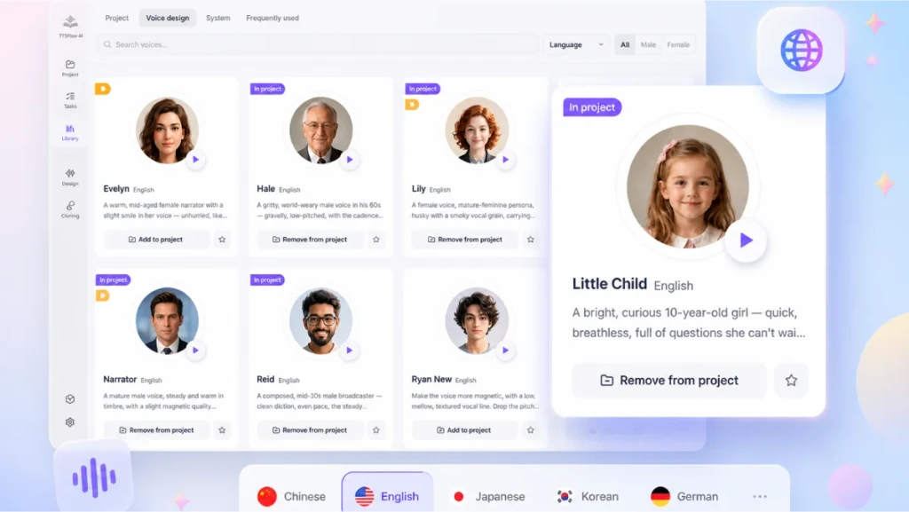 TTSFree AI feature screenshot for 200+ Expressive AI Voices Across 50+ Languages