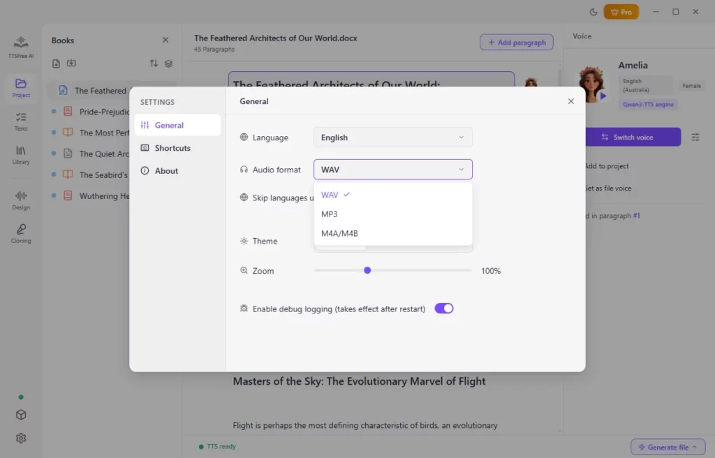 Choose the audio format